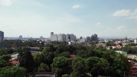 Vista-Aérea-Sobre-Las-Copas-De-Los-árboles-En-El-Distrito-De-Coyoacán-En-La-Ciudad-De-México