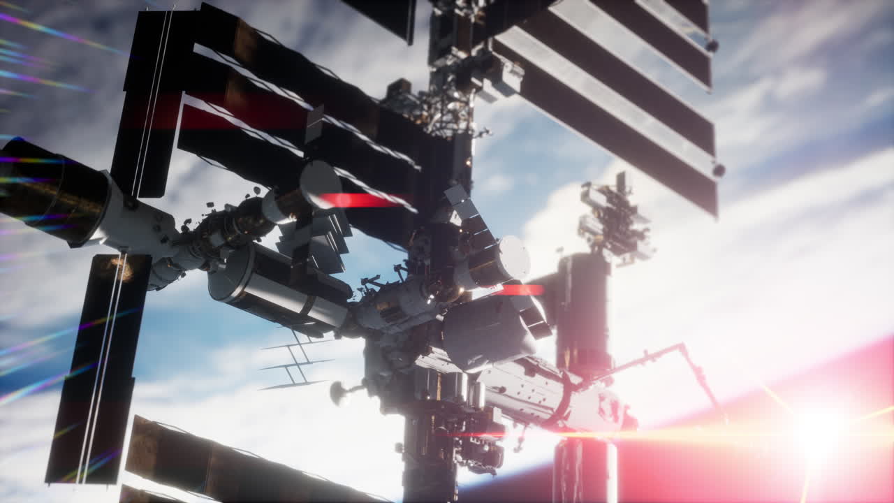 Close up ISS flying over Earth globe atmosphere