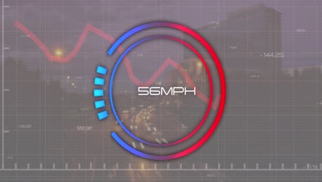 Animation-of-changing-numbers-in-loading-speedometer,-graphs,-time-lapse-of-moving-vehicles-in-city