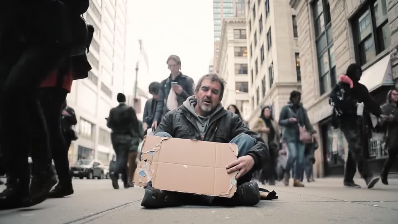 A Struggling Man Seated on the Busy City Street, Holding a Cardboard Sign, Amidst a Fast-Paced and Disconnected Urban Crowd Reflecting Modern Society's Challenges