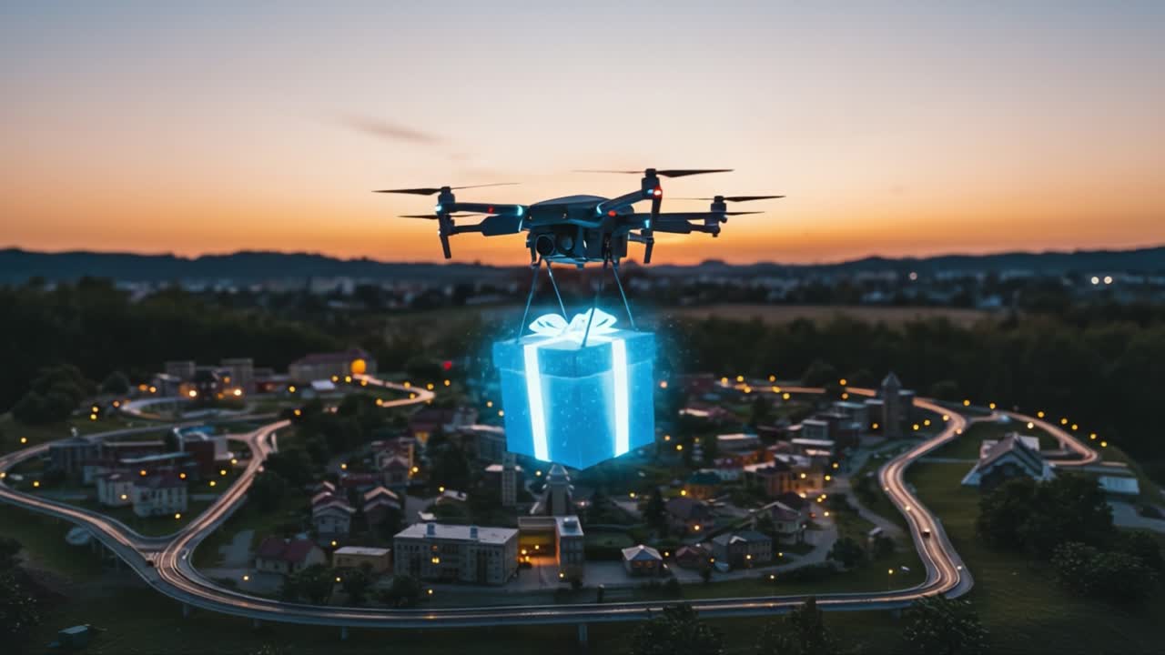A Drone Delivering a Gift Over a Small Town at Dusk, Showcasing the Future of Parcel Delivery with a Stunning Sunset Background