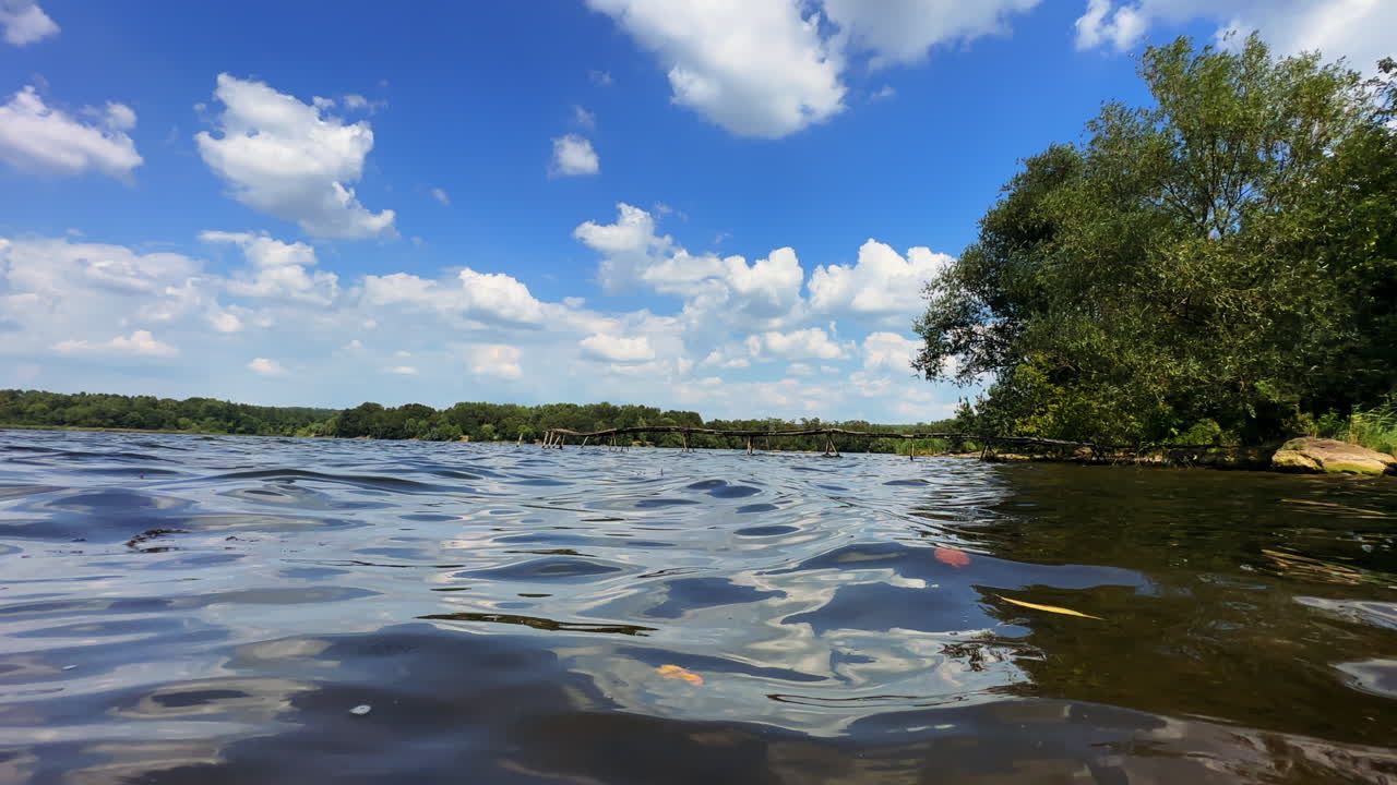 Summer daytime footage above the water surface. River and green bank at backdrop of blue cloudy sky.