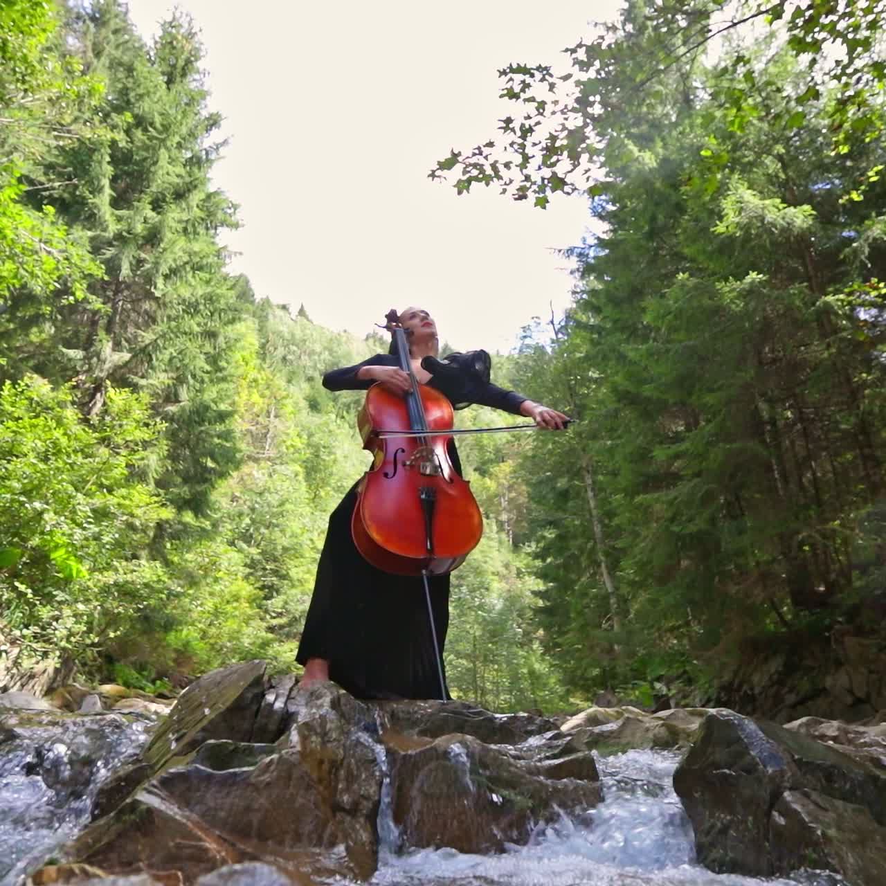 Cellist playing music on green nature background. Beautiful woman in black dress plays the cello on forest river background. View from below