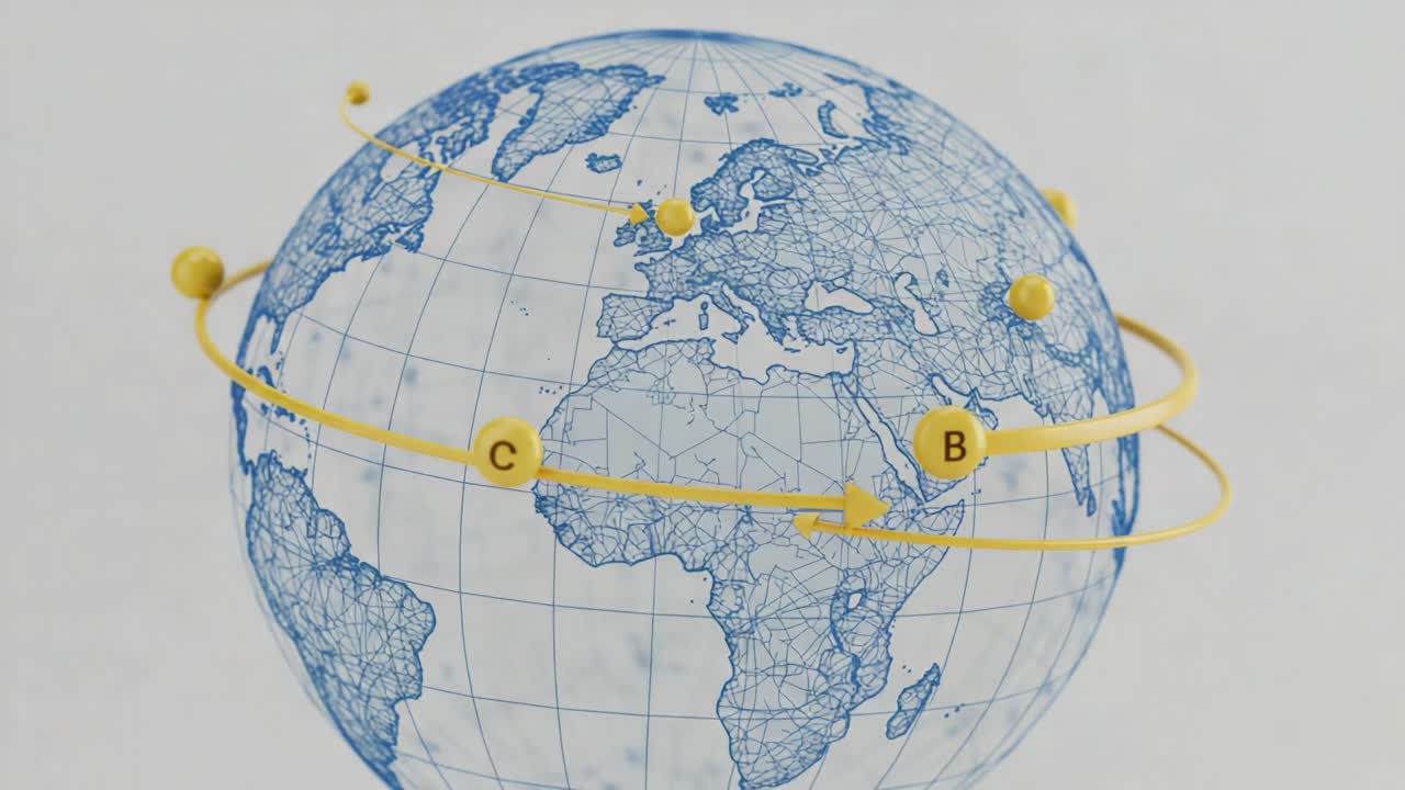 A Comprehensive View of a Globally-Centered Model Illustrating Geographic Connections and Movement Along Established Pathways on a Blue-White Globe