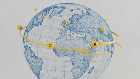 a comprehensive view of a globally-centered model illustrating geographic connections and movement along established pathways on a blue-white globe
