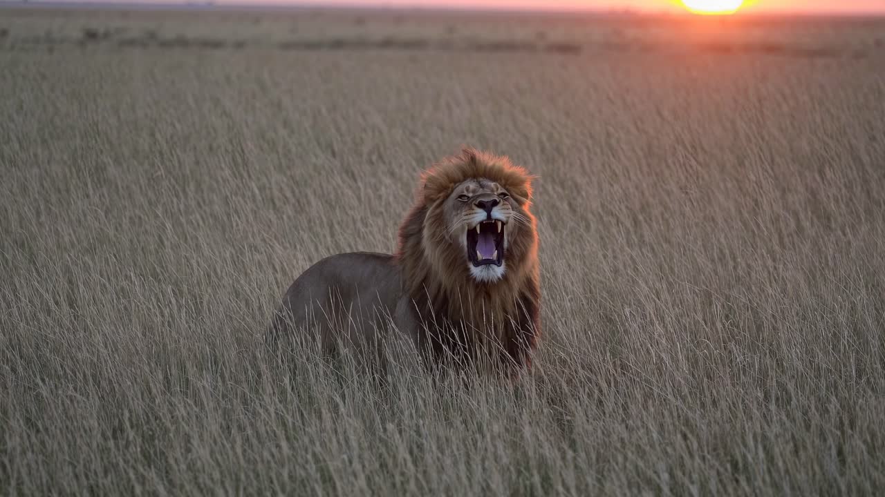 A majestic lion stands in tall grass at sunset, captured from a low angle