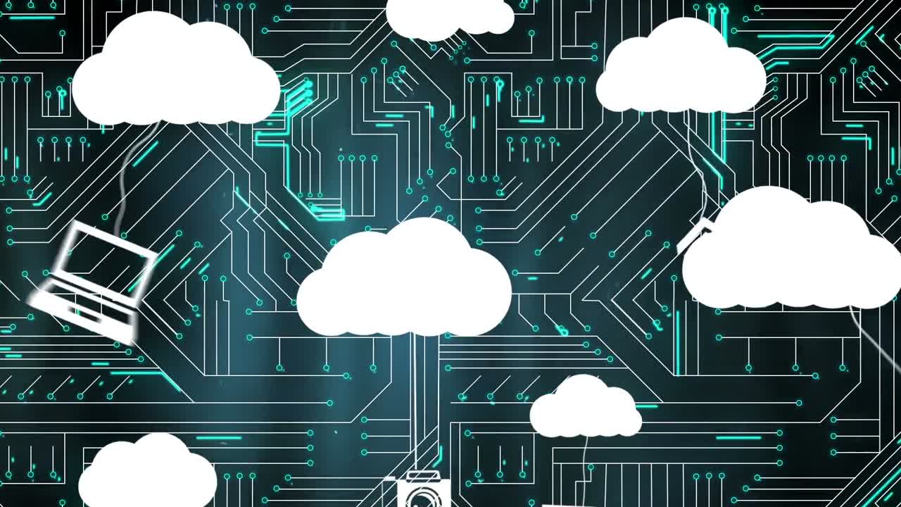 анимация медиа-икон и сети соединений на черном фоне