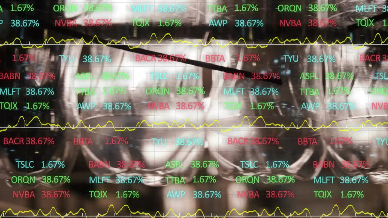 Market tickers appearing over glasses updating values and rod gliding across rims showing trends