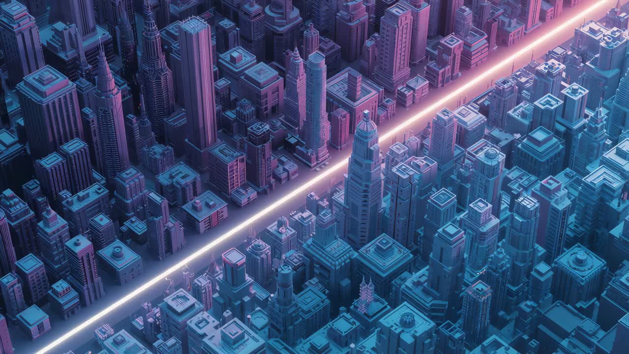 Sequence starting, pulsing yellow beam sweeping cityscape at night, lighting rooftops and antennas