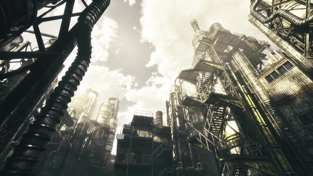 Cityscape brightness emphasizing factories and rugged metallic surfaces vividly