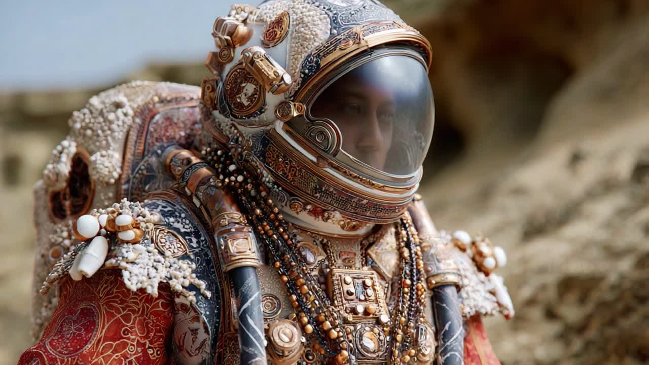 A beautifully adorned astronaut standing in a rugged extraterrestrial landscape, showcasing intricate details in a futuristic suit embellished with unique elements and patterns, exuding curiosity and exploration
