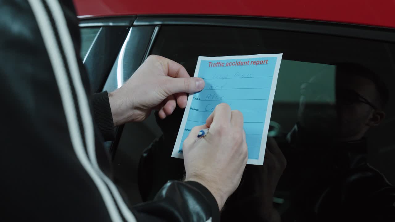 Hombre rellenando un formulario de informe de accidente junto a un coche. Concepto de documentación de accidentes de tráfico, proceso de reclamación de seguros, responsabilidad y procedimiento de incidentes en carretera