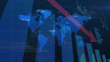 world map with financial data and declining graph animation overlay