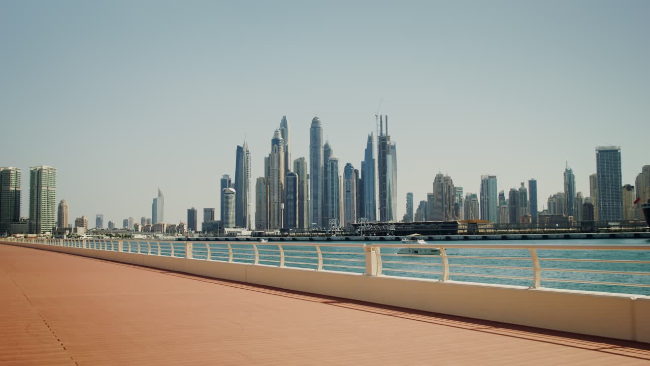 Dubai Marina Skyline View from Waterfront Walkway