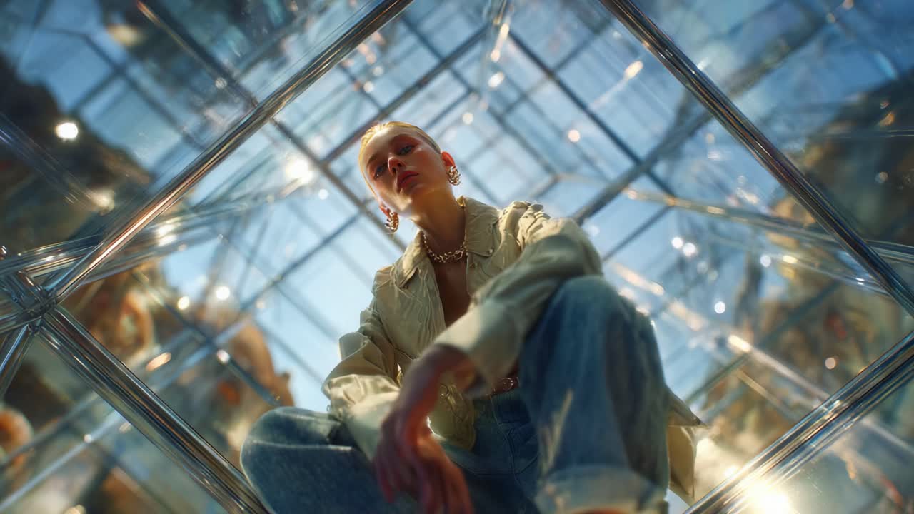 A captivating moment captured through a reflective cube structure, showcasing a striking individual in unique attire, embodying freedom and creativity against a vibrant backdrop