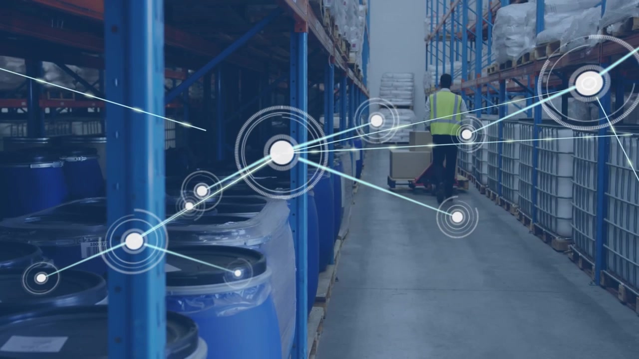 Warehouse Worker Moving Pallet with Digital Network Overlay