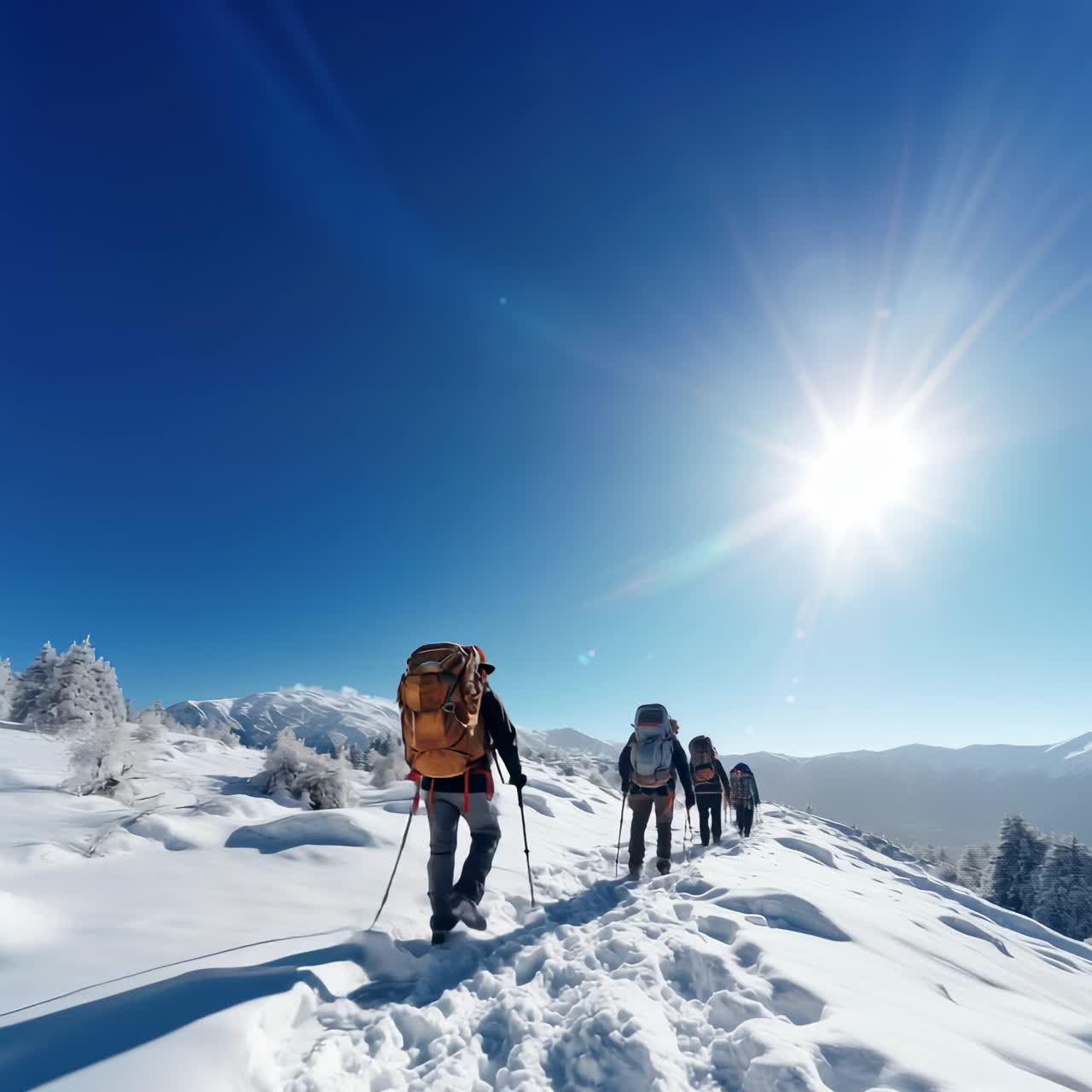 Wide-angle shot of hikers trekking through snowy mountains under a bright sun