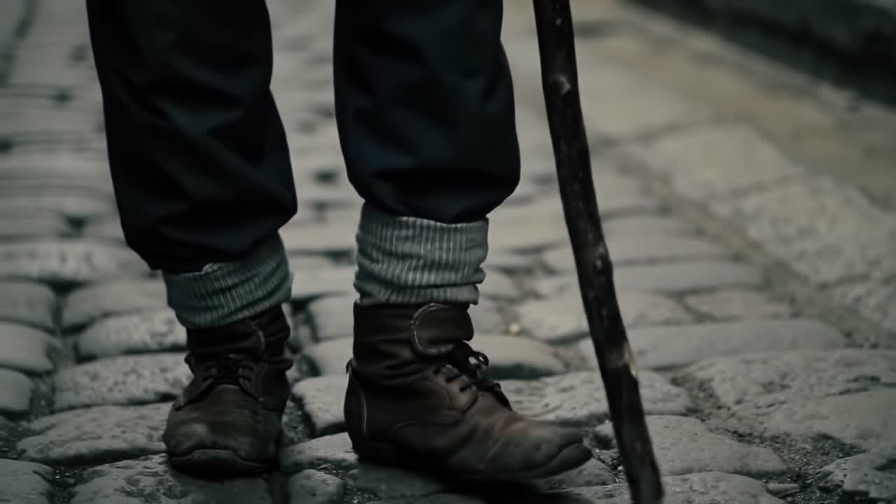 A Solemn Journey: The Resilient Path of a Wanderer with a Cane, Walking on Weathered Cobblestones That Tell Stories of Time and Struggle