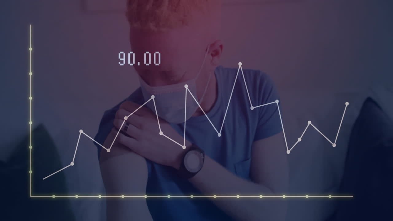 Man wearing surgical mask touching shoulder on couch with animated line chart showing health data