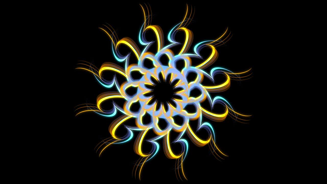 patrón de caleidoscopio geométrico abstracto con figura en movimiento que parece una flor aislada en fondo negro. animación de stock. mandala hipnótica multicolor, gráficos en movimiento, bucle sin costuras