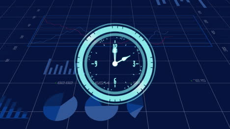 animación del procesamiento de datos sobre el reloj moviéndose sobre fondo azul