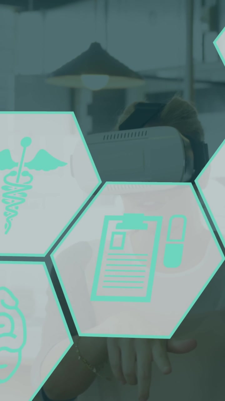 Animación de iconos médicos sobre personas diversas usando cascos de realidad virtual