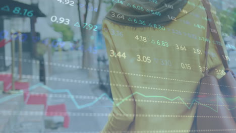 animation of financial data processing over biracial woman with bike