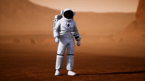 astronauta en la superficie de marte. planeta rojo cubierto de gas y roca