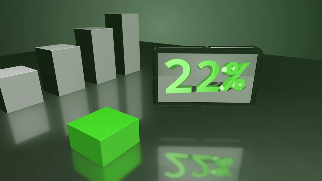 diagrama de barras 3d verde con pantalla de hasta el 65%
