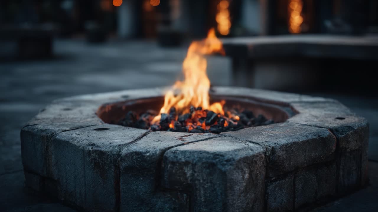 Una fiamma ipnotizzante che danza in un braciere rustico in pietra, illuminando l'atmosfera circostante con calore e comfort, perfetta per riunioni serali e relax.