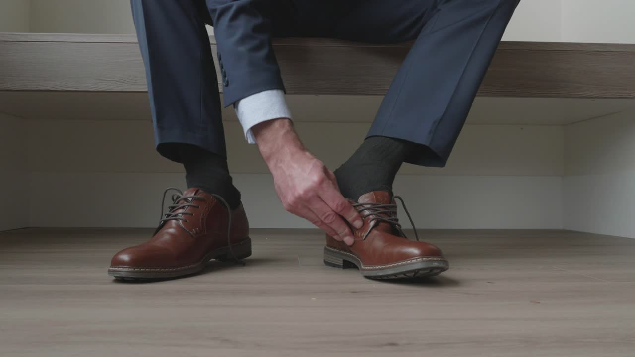 Static shot of a man putting his shoes on
