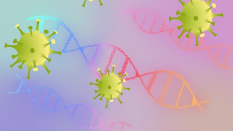 Animation-Von-Covid-19-Zellen,-Die-Sich-über-Sich-Drehende-DNA-Stränge-Bewegen