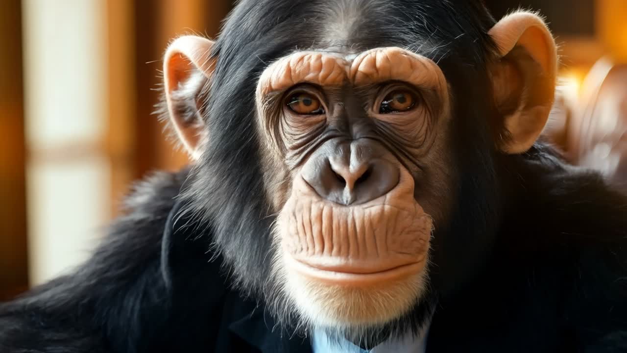 un chimpancé con un traje y corbata sentado en una silla
