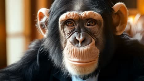 a chimpanzee wearing a suit and tie sitting on a chair