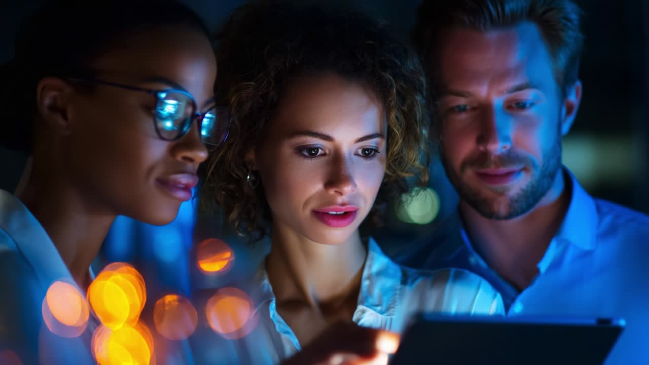 A group of three individuals, two women and one man, gather around a tablet in a dimly lit environment, engrossed in their digital interaction, illuminated by soft blue and warm orange light