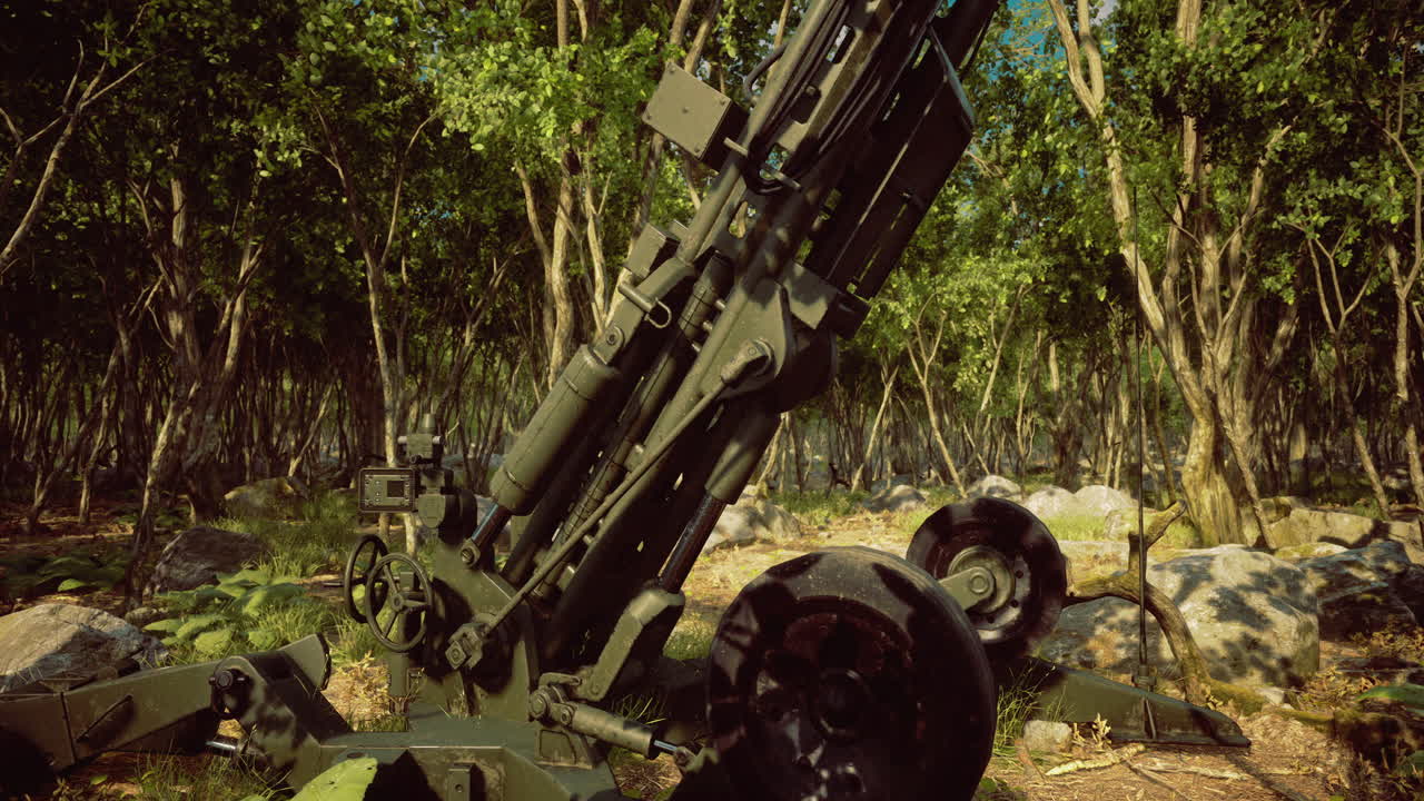 Military artillery positioned among the trees in a dense forest environment