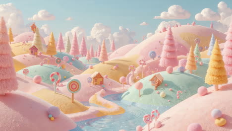 whimsical pastel candy land with gingerbread houses