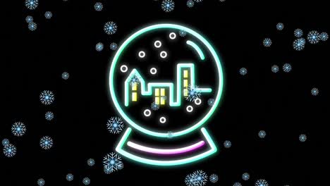 Animation-Von-Schnee,-Der-über-Weihnachtliche-Neon-Schneekugeldekoration-Auf-Schwarzem-Hintergrund-Fällt