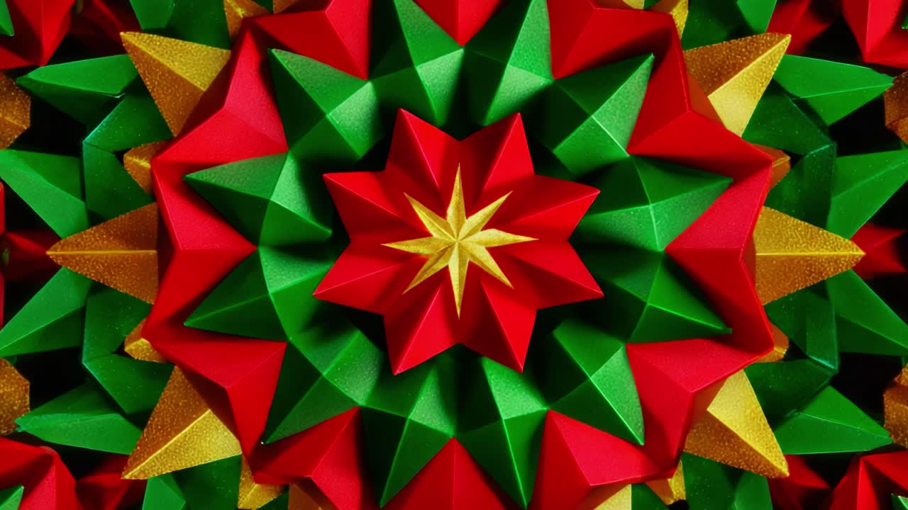 A Beautiful Geometric Design Featuring Vibrant Red, Green, and Gold Shapes, Creating a Mesmerizing Star Pattern That Captivates the Eye with Its Intricate Details and Bold Color Contrast