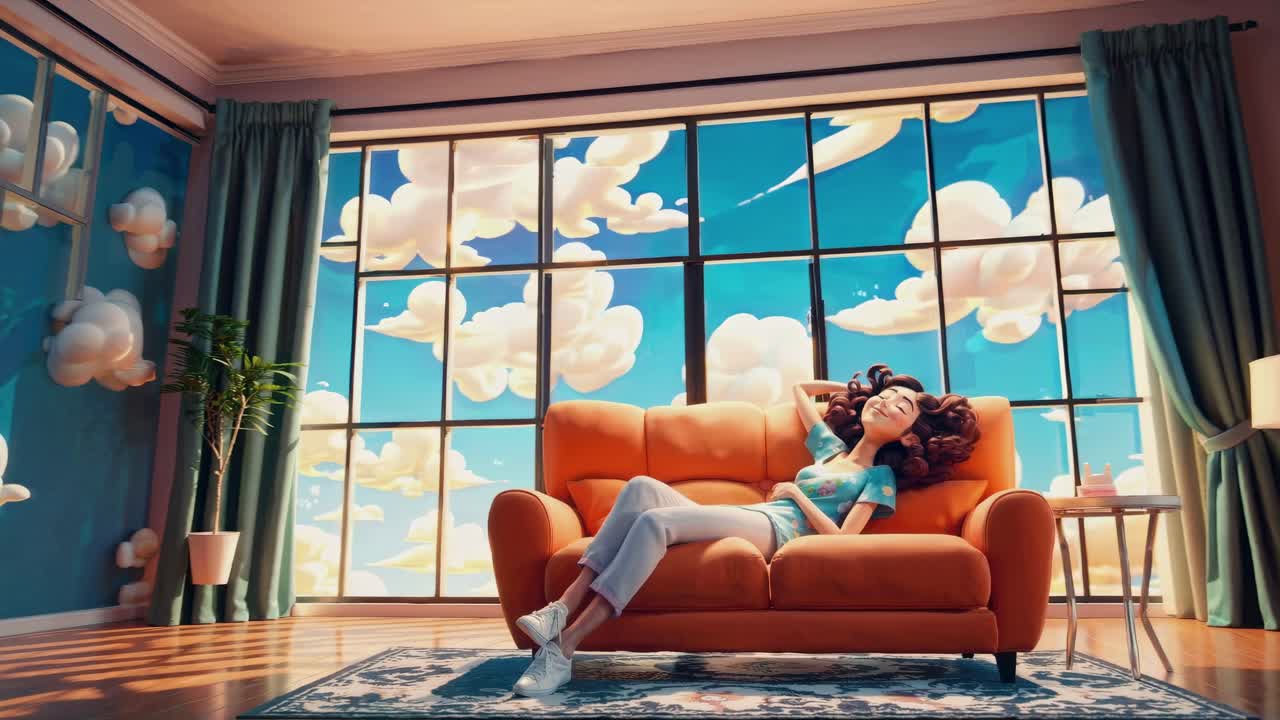 A woman relaxes on an orange sofa, surrounded by vibrant, cloud-filled windows