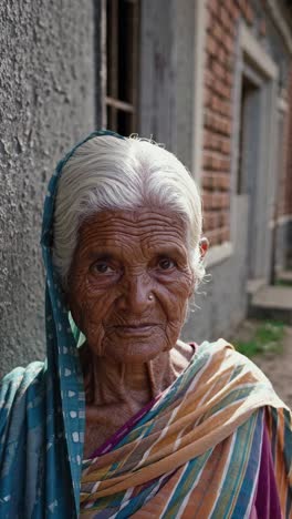 portrait of a wise elderly woman wearing traditional clothes, standing against a brick wall in a rural village, her serene expression reflecting a lifetime of experience