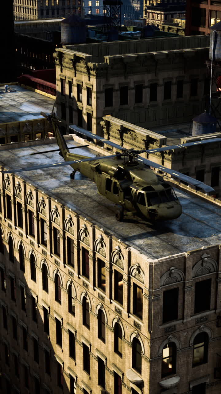 Helicopter landing on a rooftop in a night lit urban landscape