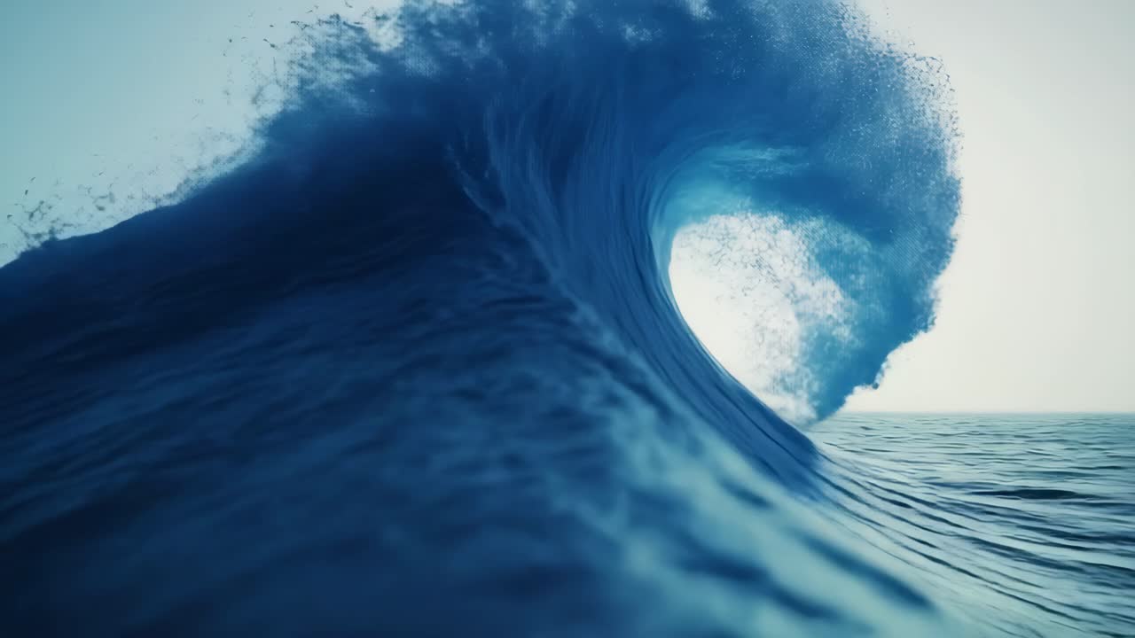 Dynamic video shot of a towering ocean wave, captured from a low angle, showcasing the wave's power