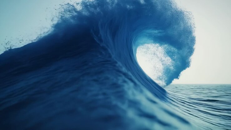 Dynamic video shot of a towering ocean wave, captured from a low angle, showcasing the wave's power