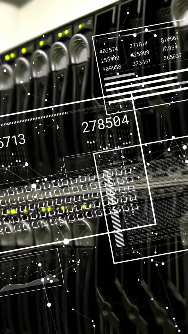Animation of white spots and data processing over server room