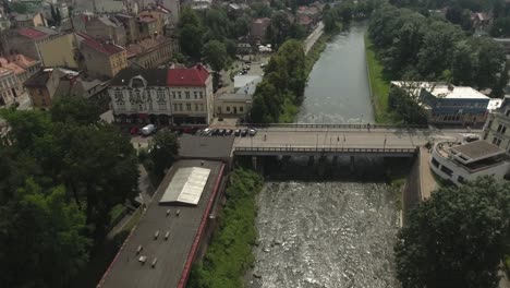 a large river with a historic bridge in a city in central europe