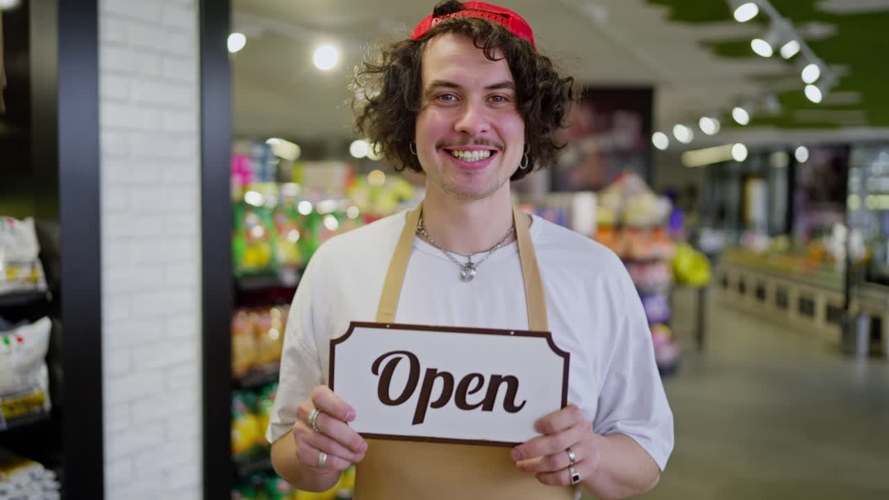 A happy brunette guy with curly hair and a yellow apron holds in his hands a sign with the inscription Open in the supermarket