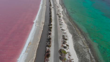 Vista-Aérea-Revelada-De-Las-Salinas-Rosadas-De-Bonaire-Contrastadas-Con-El-Océano-Turquesa-A-Lo-Largo-De-La-Carretera