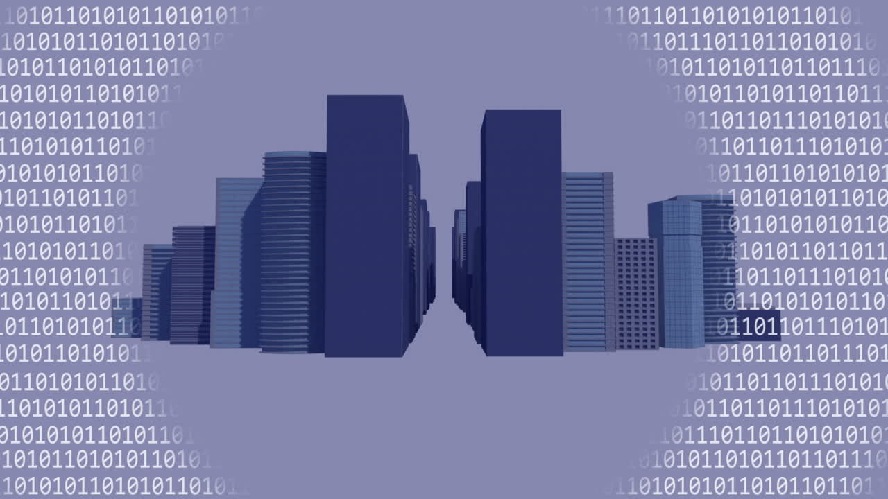 Animation of binary coding data processing over 3d cityscape