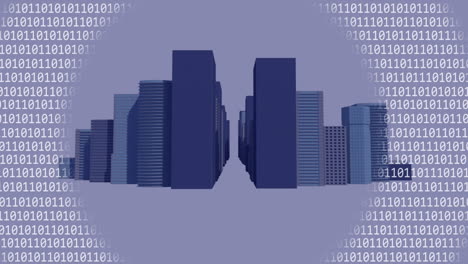 animation of binary coding data processing over 3d cityscape